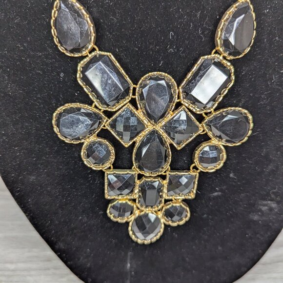 Gold Tone & Black Faceted Gems Statement Bib Necklace w/ Lobster Claw Clasp - Picture 8 of 11